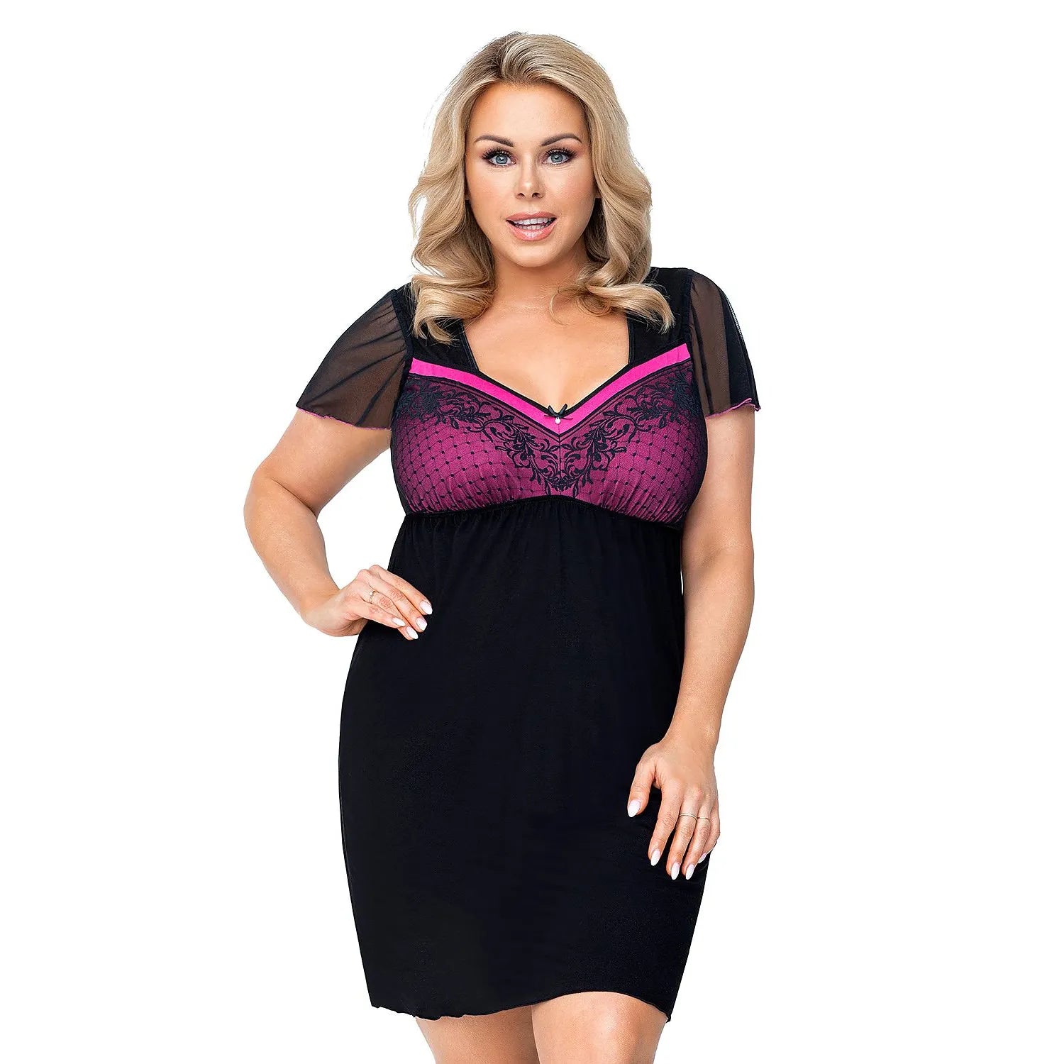 Chemise de nuit grande taille viscose rose dentelle noire élégante Donna