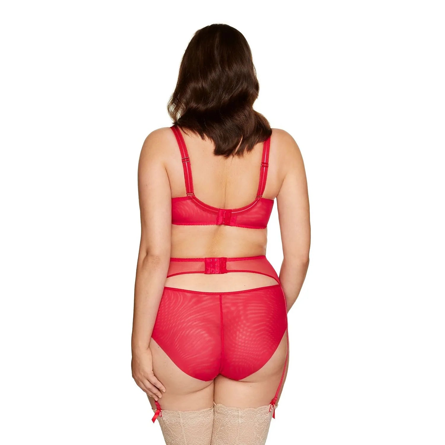 Culotte rouge Gorteks 162199 en tissu plissé avec cœurs brodés, dos en tulle élastique, gousset coton, vue arrière.