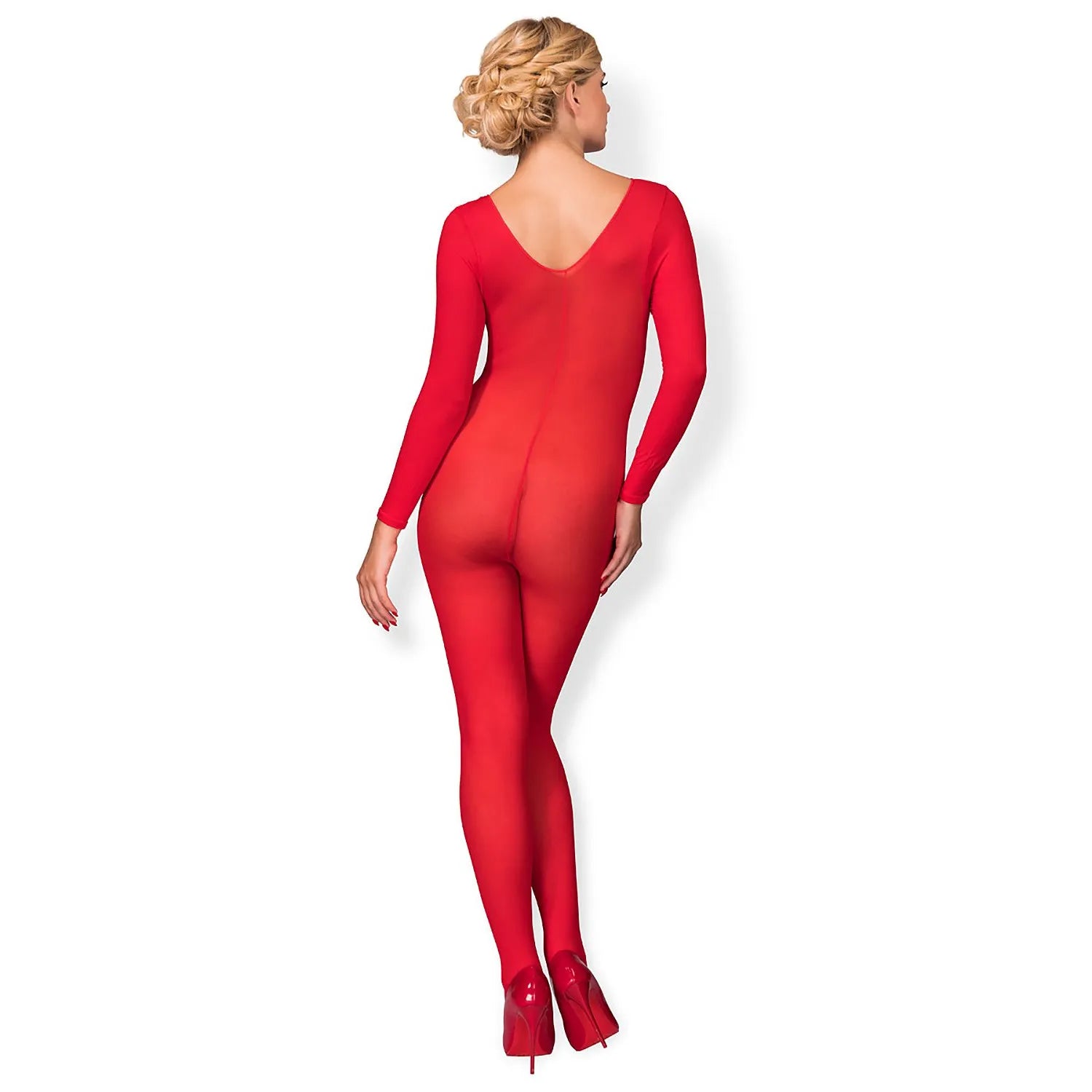 Bodystocking rouge minimaliste, manches longues, tissu dense, design séduisant et élégant, modèle 163501.