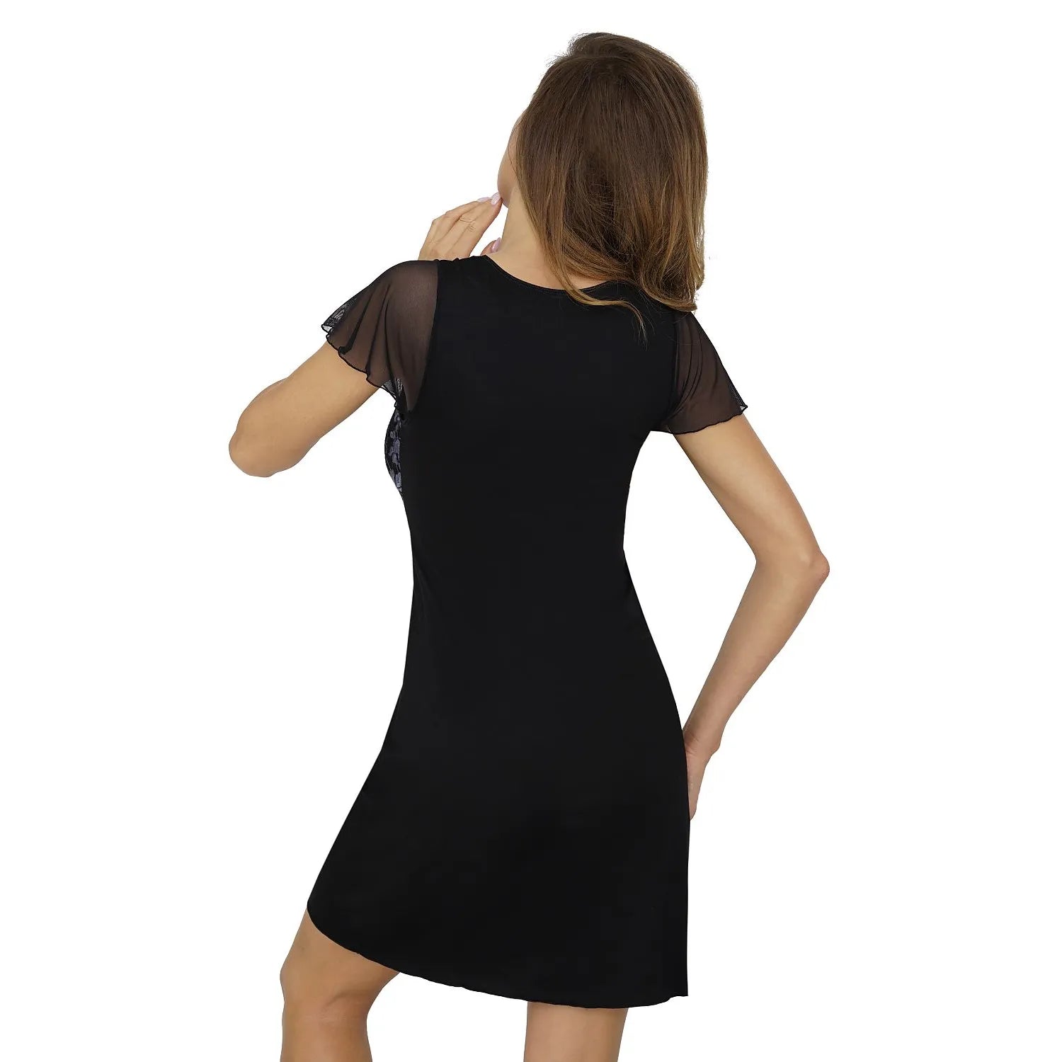 Nuisette noire Donna avec dentelle florale bleue, manches tulle, coupe flatteuse, viscose douce, vue arrière.