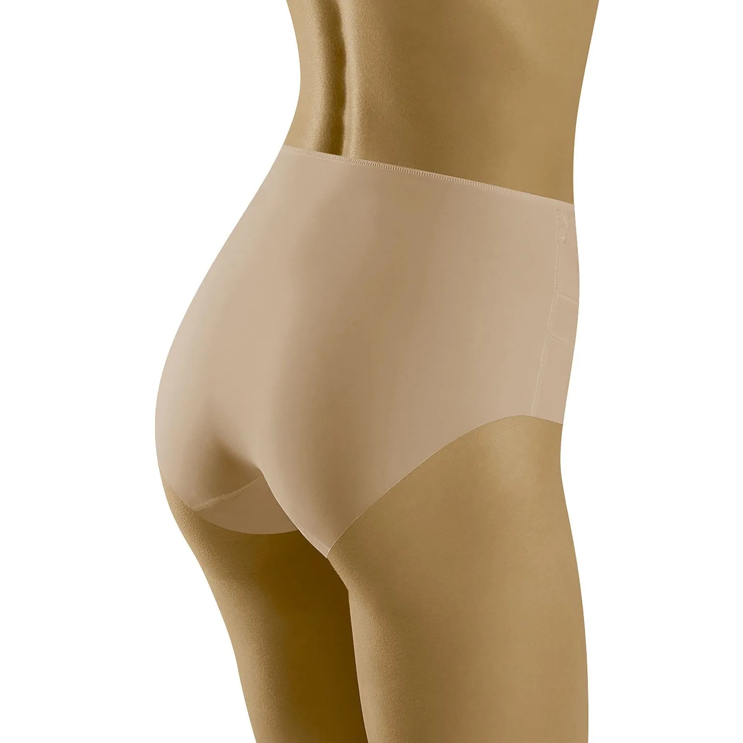 Culotte correctrice taille haute beige en microfibre et dentelle, invisible sous vêtements, pour silhouette affinée.