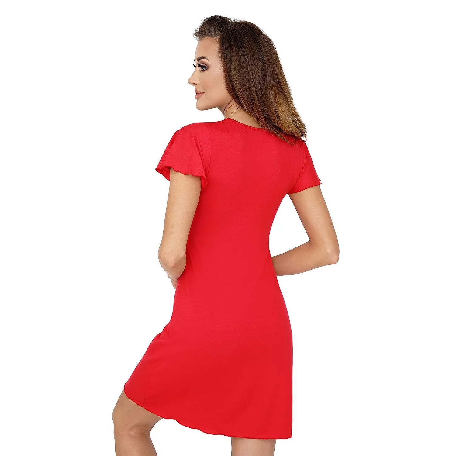 Chemise de nuit rouge Donna 170105, dentelle bicolore, manches larges, décolleté fleuri, coupe élégante et sensuelle.