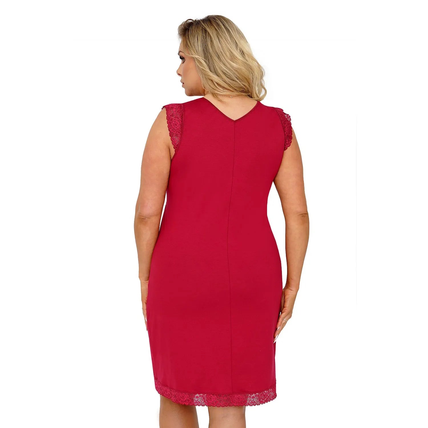 Chemise de nuit rouge en viscose avec dentelle, manches courtes, coupe sablier, vue arrière.