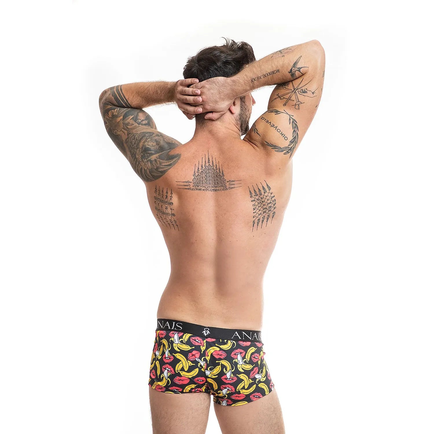Boxer homme motif bananes et bouches, fond noir, ceinture Anais, ajusté, élasthanne et polyamide, modèle original.