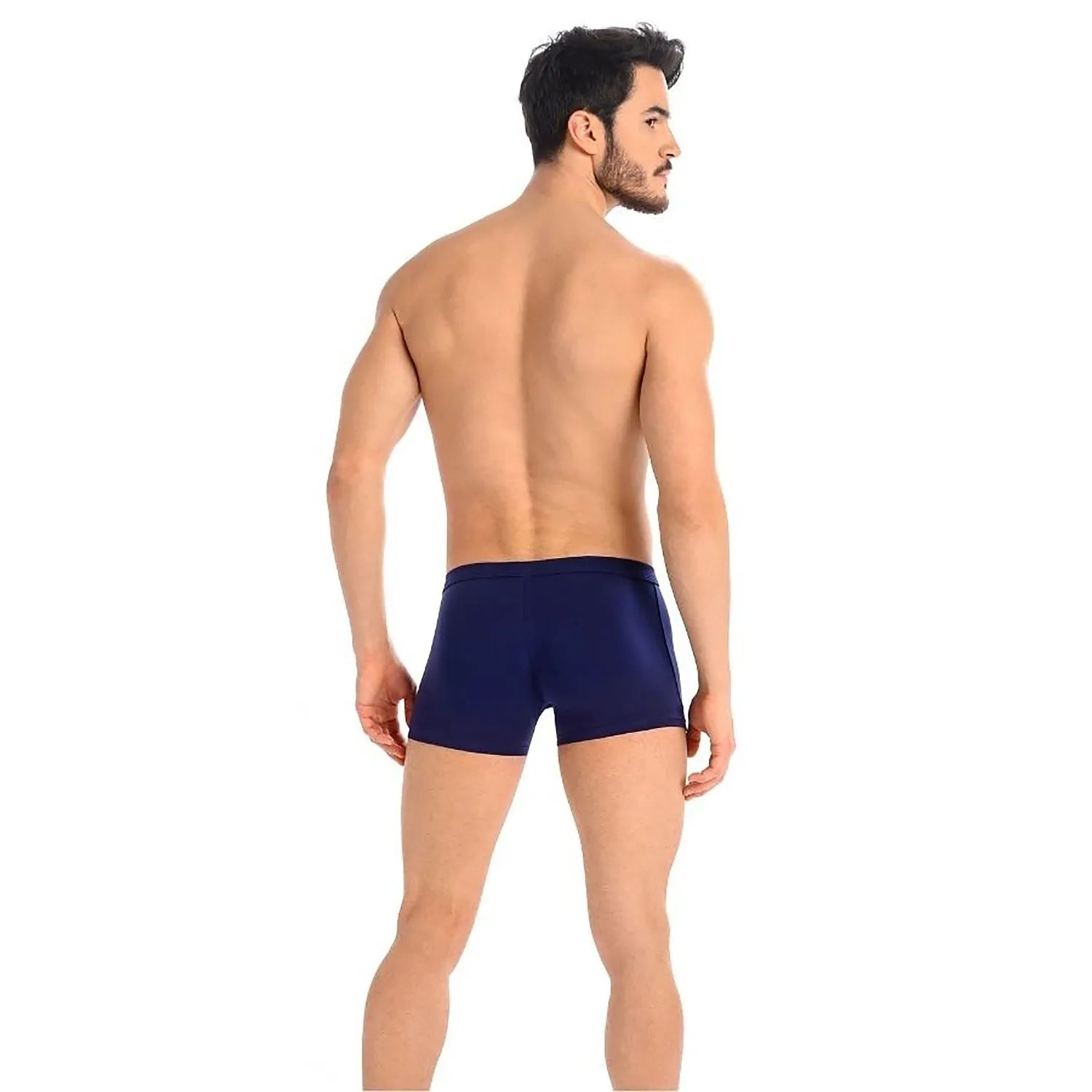 Boxeur bleu marine en coton et Lycra, coupe classique, bande élastique large, porté par un homme de dos.