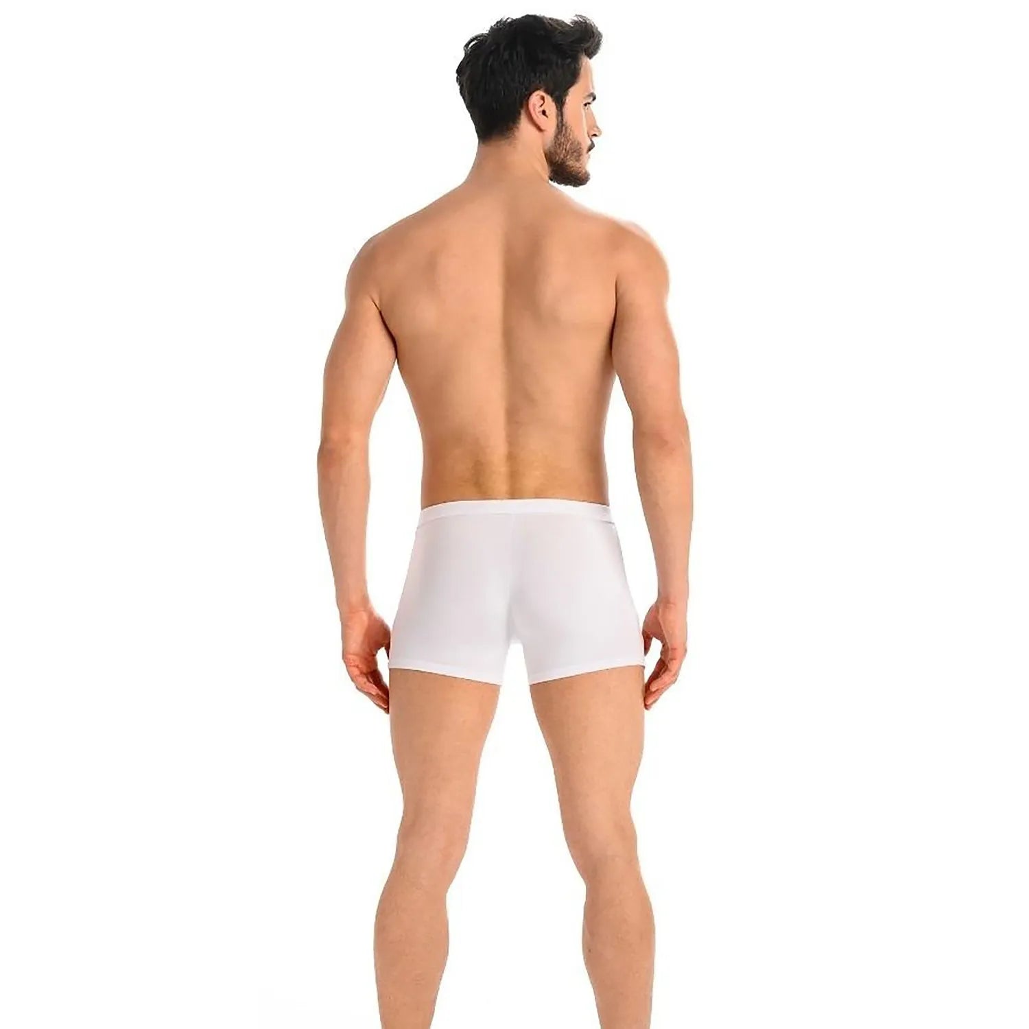 Caleçon homme blanc neige, lycra élastique, ajusté, confortable, souligne silhouette et cuisses, couture délicate.