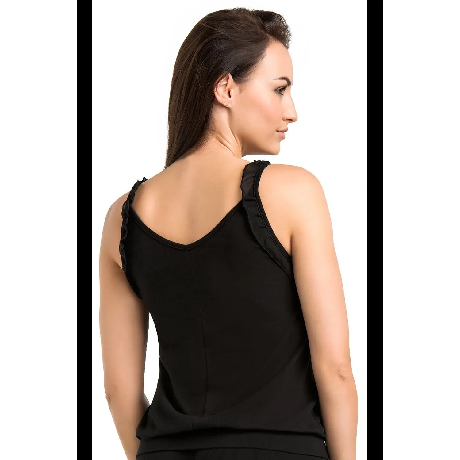Chemise de nuit noire pour femmes, bretelles fines à volant, encolure semi-circulaire, tissu ample et respirant.
