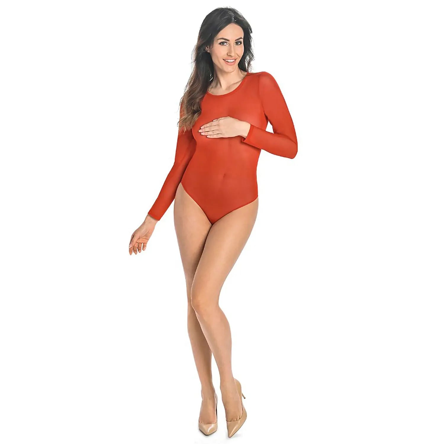 Body femme rouge translucide Teyli, manches longues ajustées, encolure semi-circulaire, fermeture auto-agrippante.