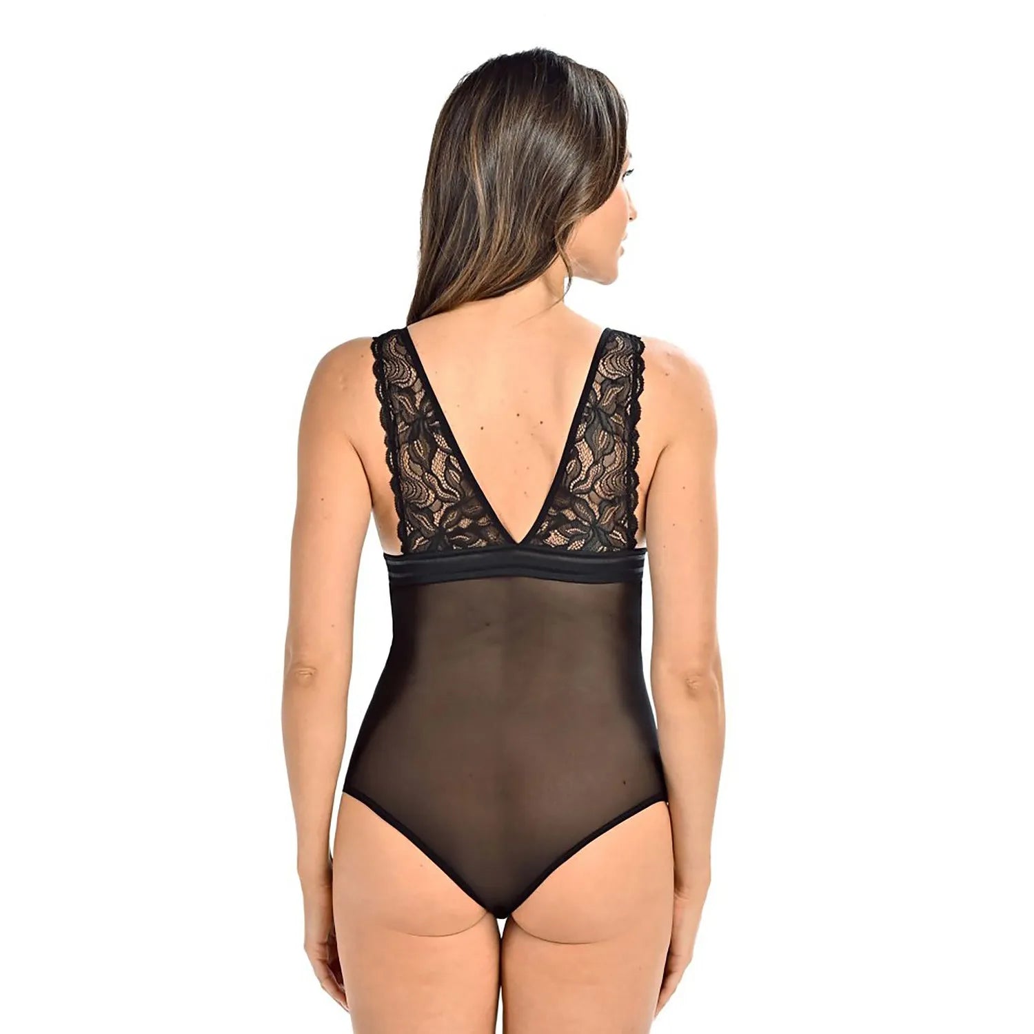 Body Teyli 183070 en dentelle florale transparente, encolure en V, crochets réglables, ruban satin sous le buste.