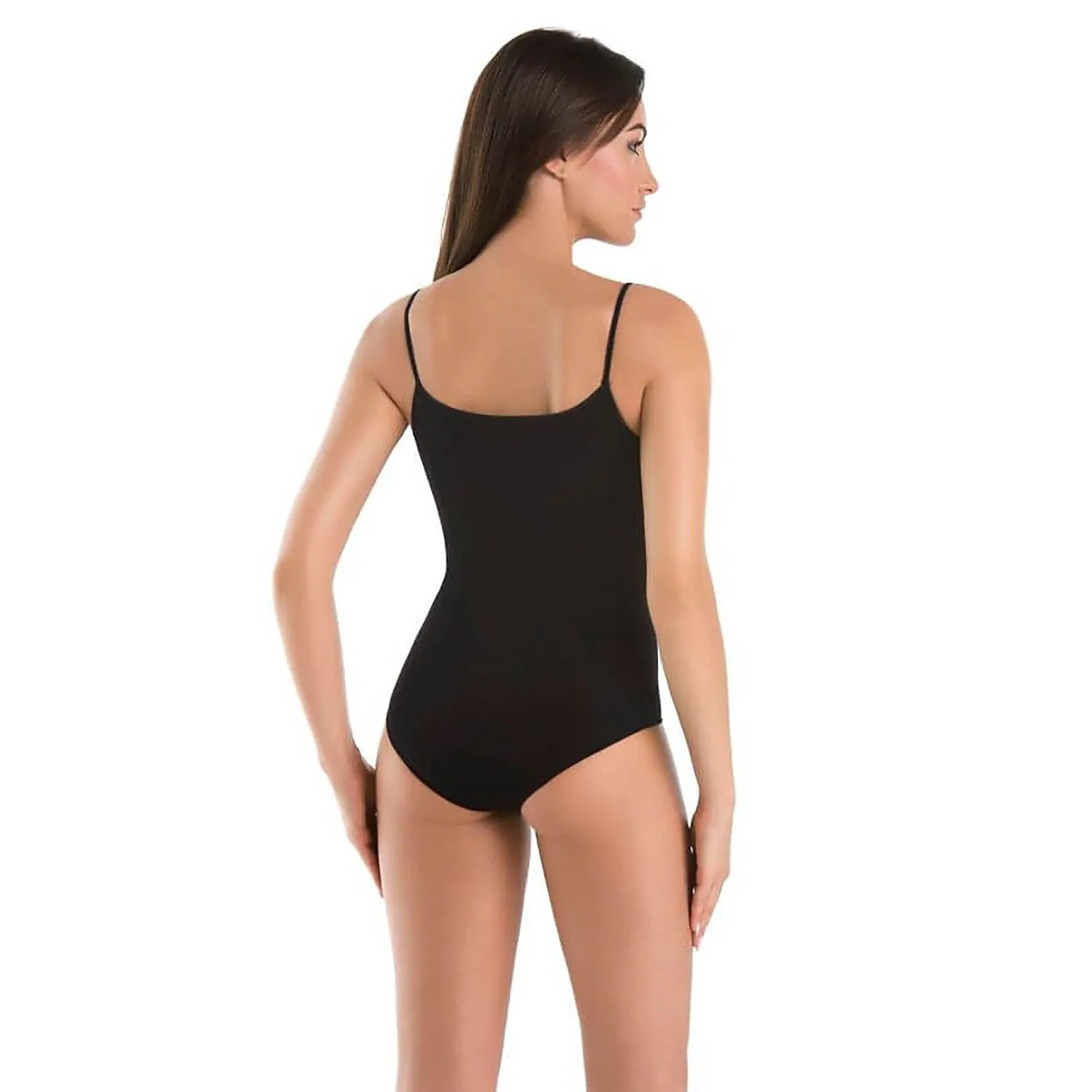 Body noir femme Teyli 183074, fines bretelles, dos classique, viscose Lycra, ajustement silhouette, fermeture confortable.
