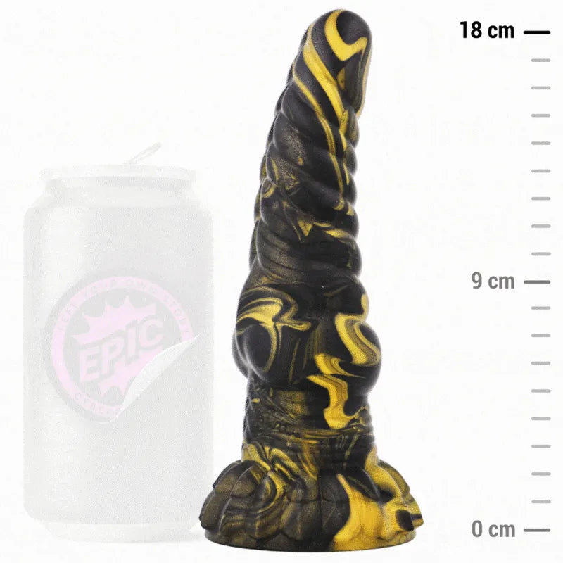 Dildo silicone liquide noir et or, inspiré des Furies grecques, texture torsadée, 18 cm, hypoallergénique.