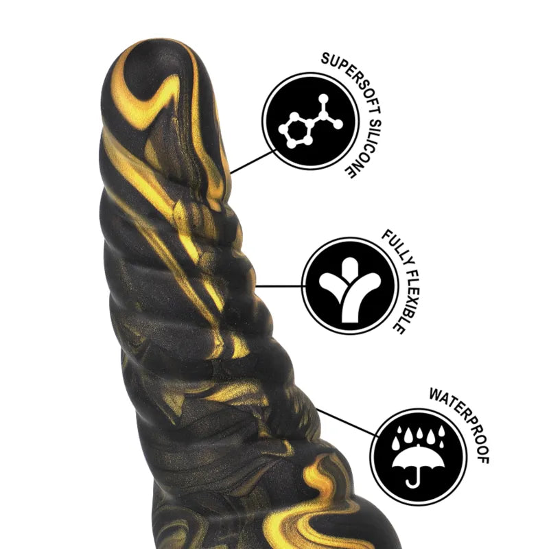 Dildo en silicone liquide noir et or, inspiré des Furies grecques, texture réaliste, souple et étanche.