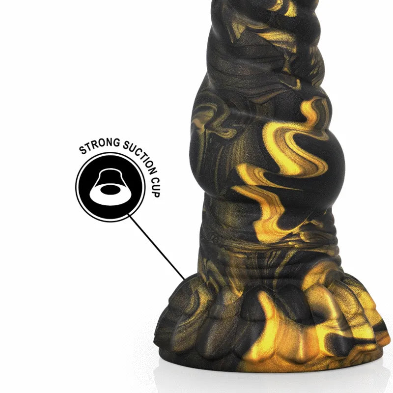 Dildo silicone liquide noir et or, inspiré des Furies, avec ventouse puissante pour expérience mythologique intense.