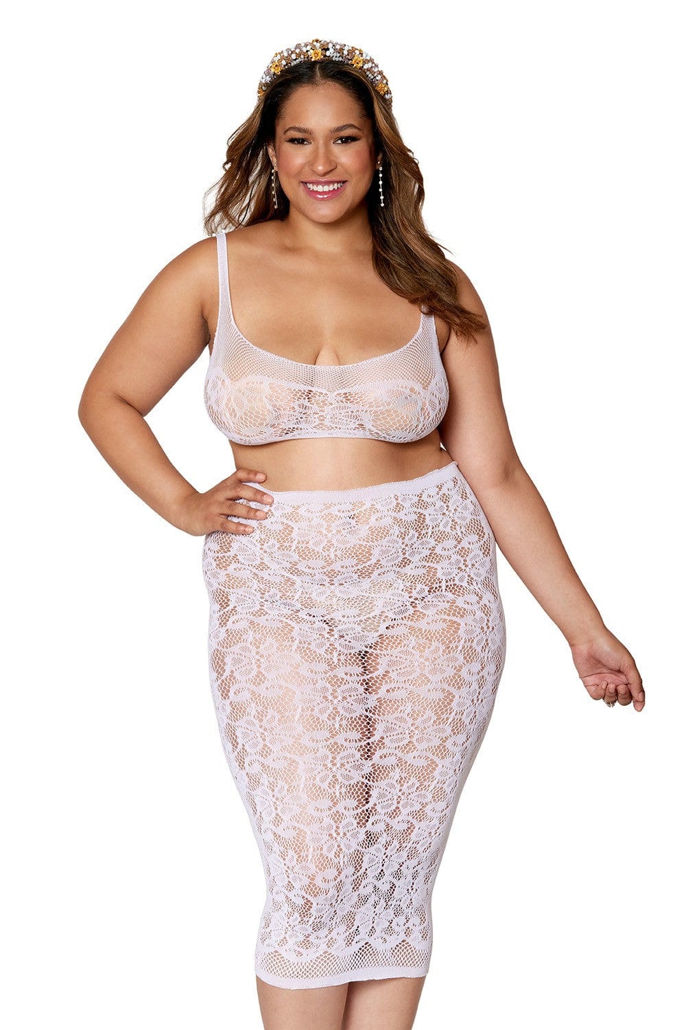 Ensemble 2 pièces grande taille, brassière résille fantaisie et jupe longue assorti - DG12921XWHT