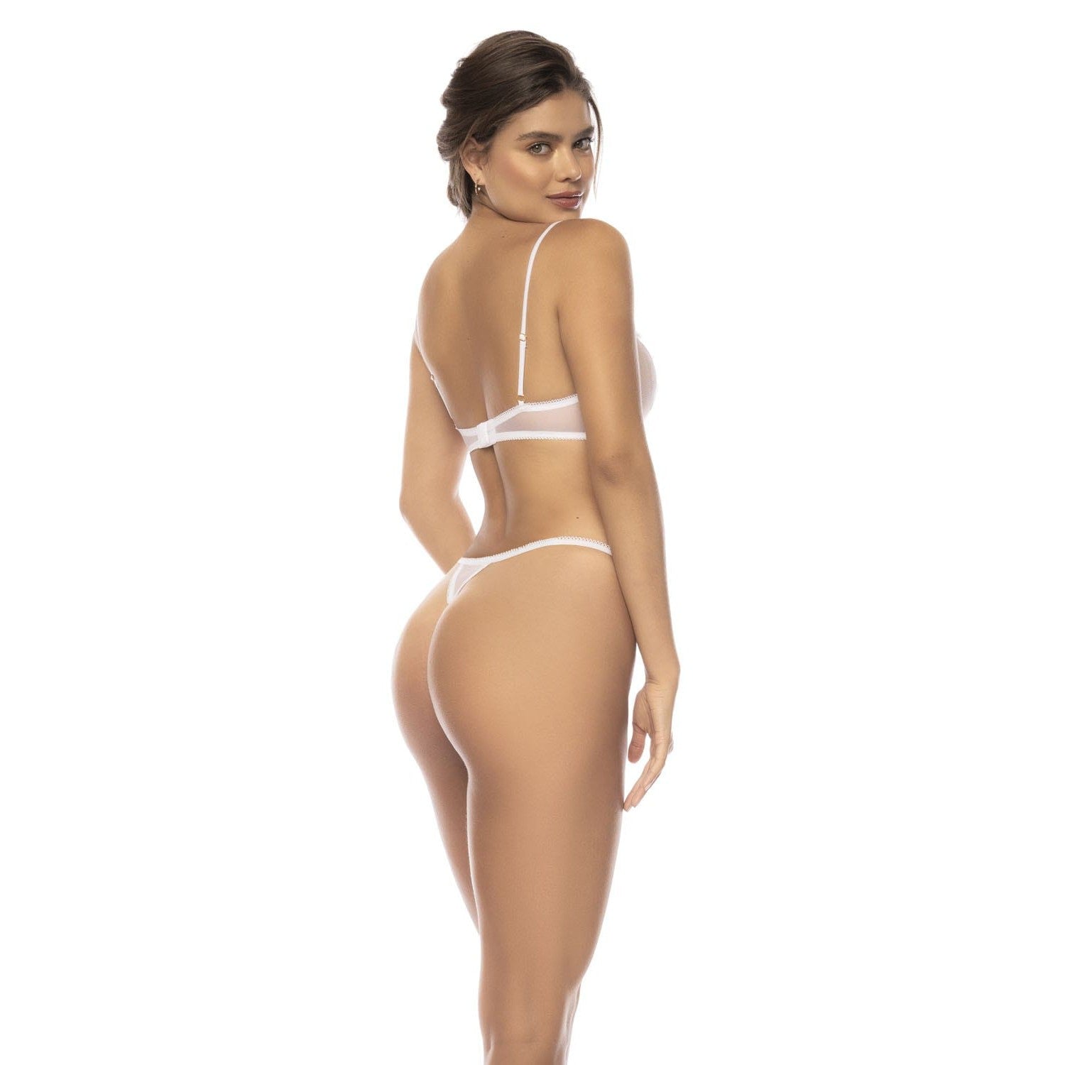 Ensemble 3 pièces blanc Emmie, soutien gorge, porte jarretelles avec fausse fourrure et string assorti - MAL8841WHT