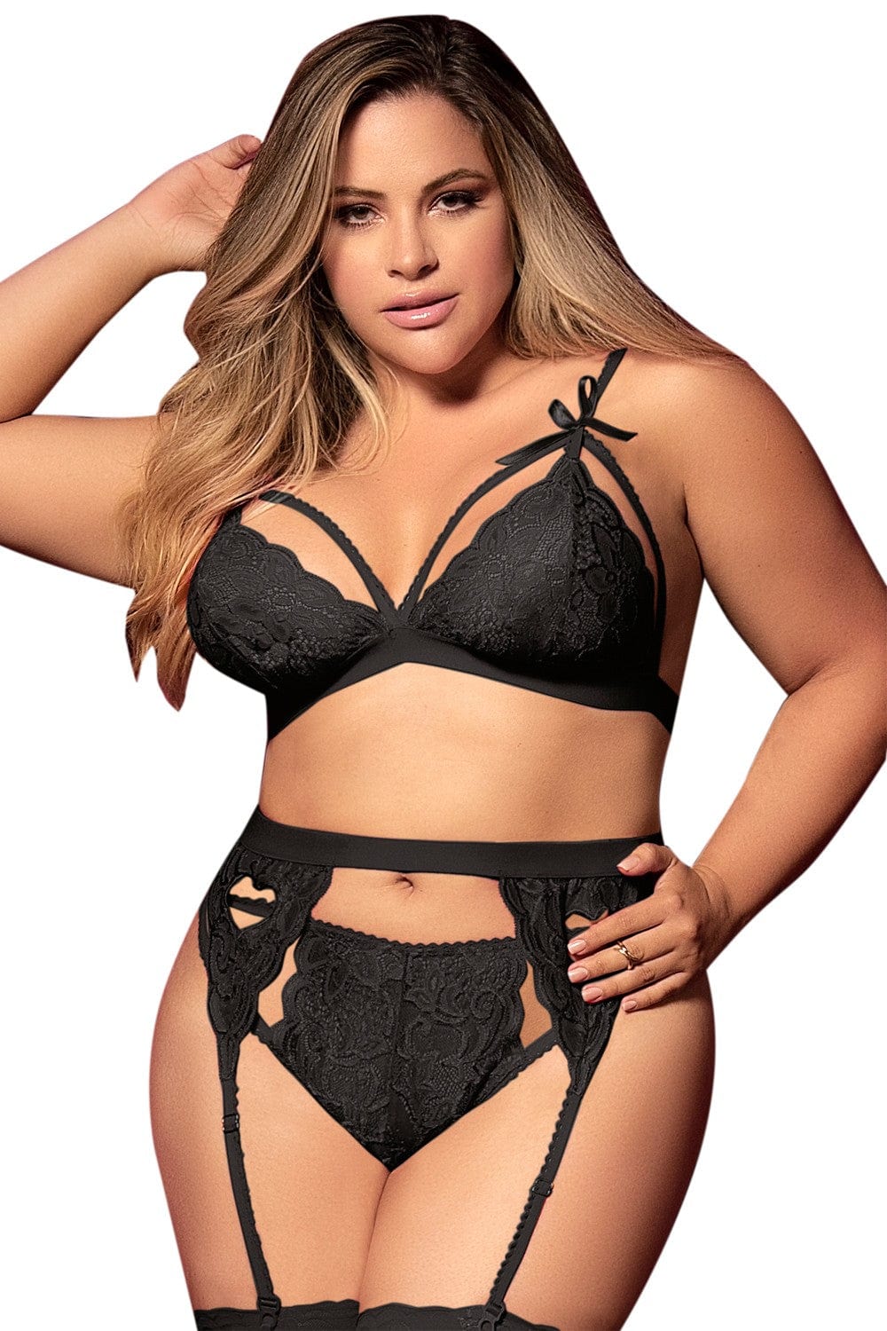 Ensemble 3 pièces noir grande taille  soutien-gorge string porte-jarretelles - MAL8221XBLK