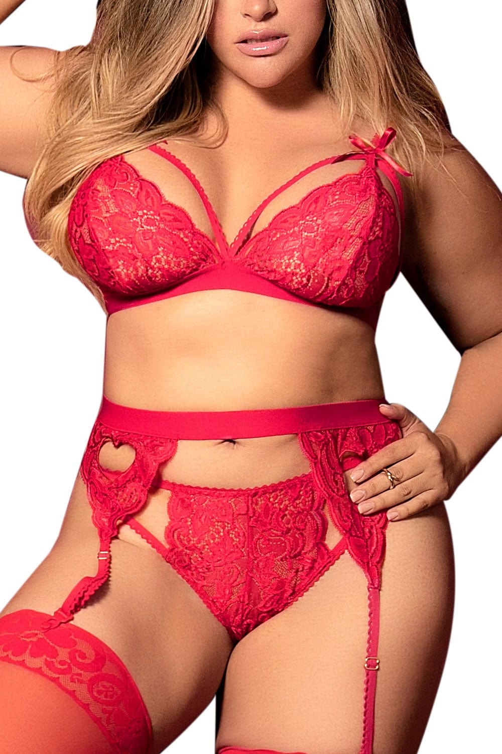 Ensemble 3 pièces rouge grande taille  soutien-gorge string porte-jarretelles - MAL8221XRED