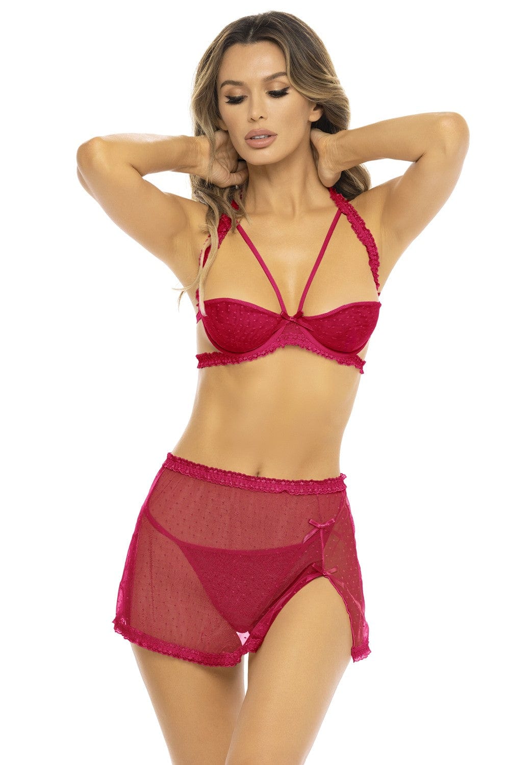 Ensemble 3 pièces rouge, soutien gorge, jupette et string - REN53039-RED