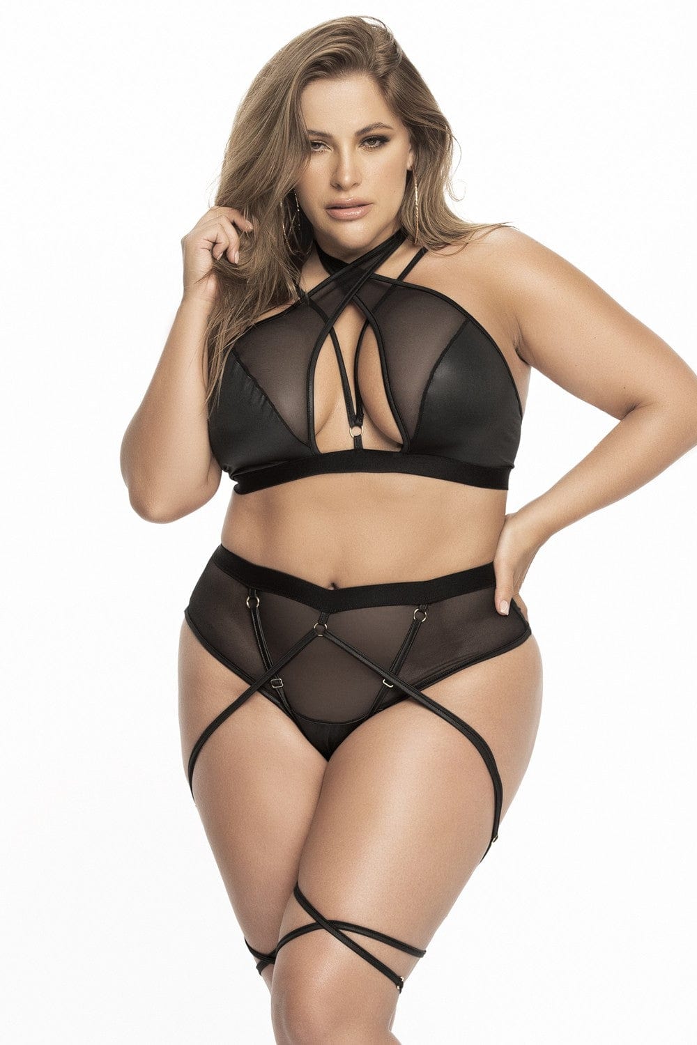 Ensemble deux pièces grande taille en résille noire transparente - MAL2682XBLK