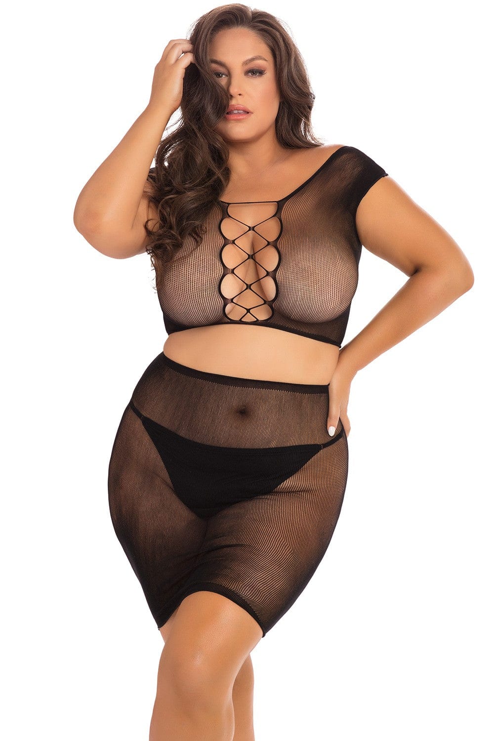 Ensemble grande taille, 2 pièces résille noire, jupe et haut - REN7081X-BLK