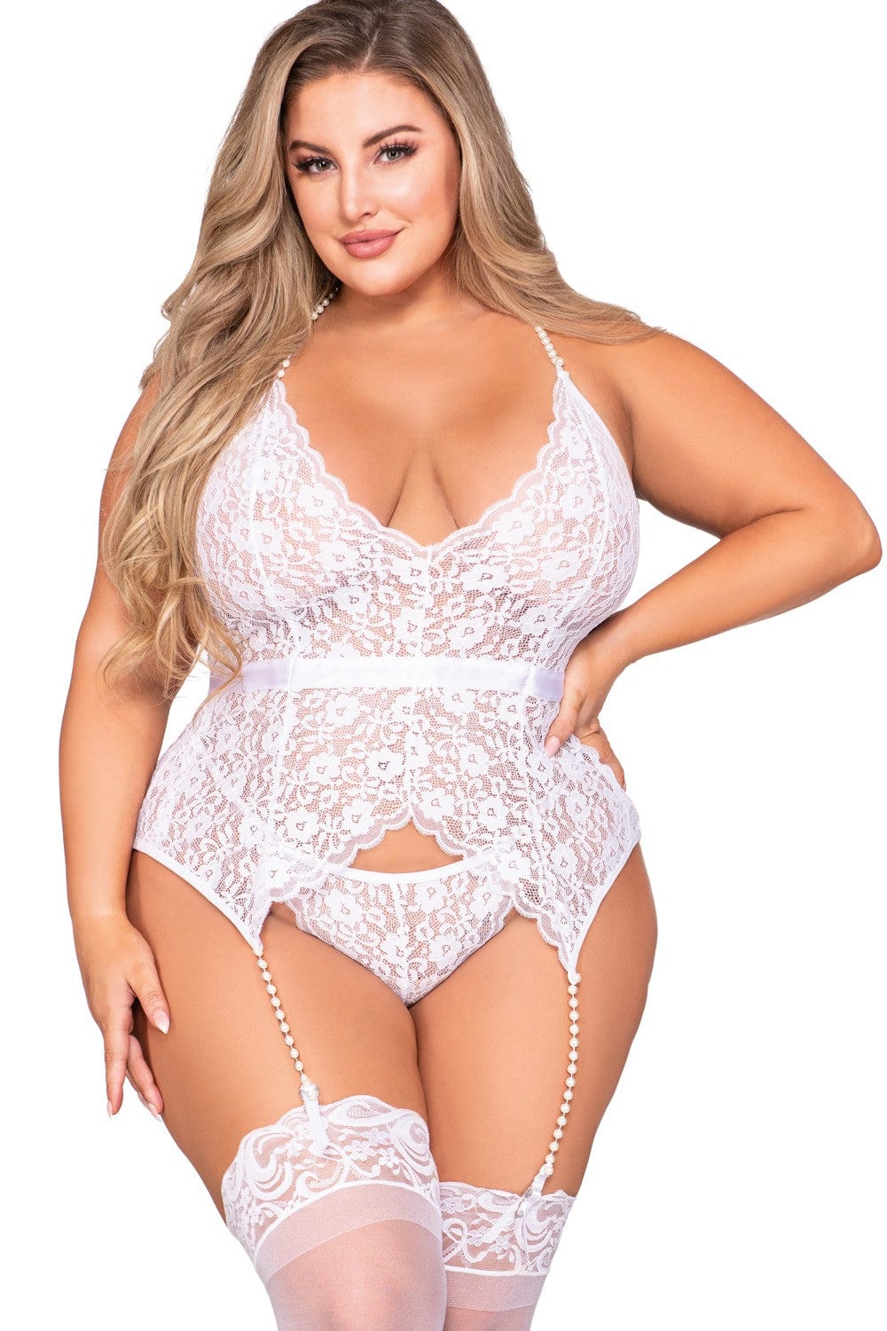 Ensemble grande taille guêpière et string en dentelle blanche - DG12508XWHT