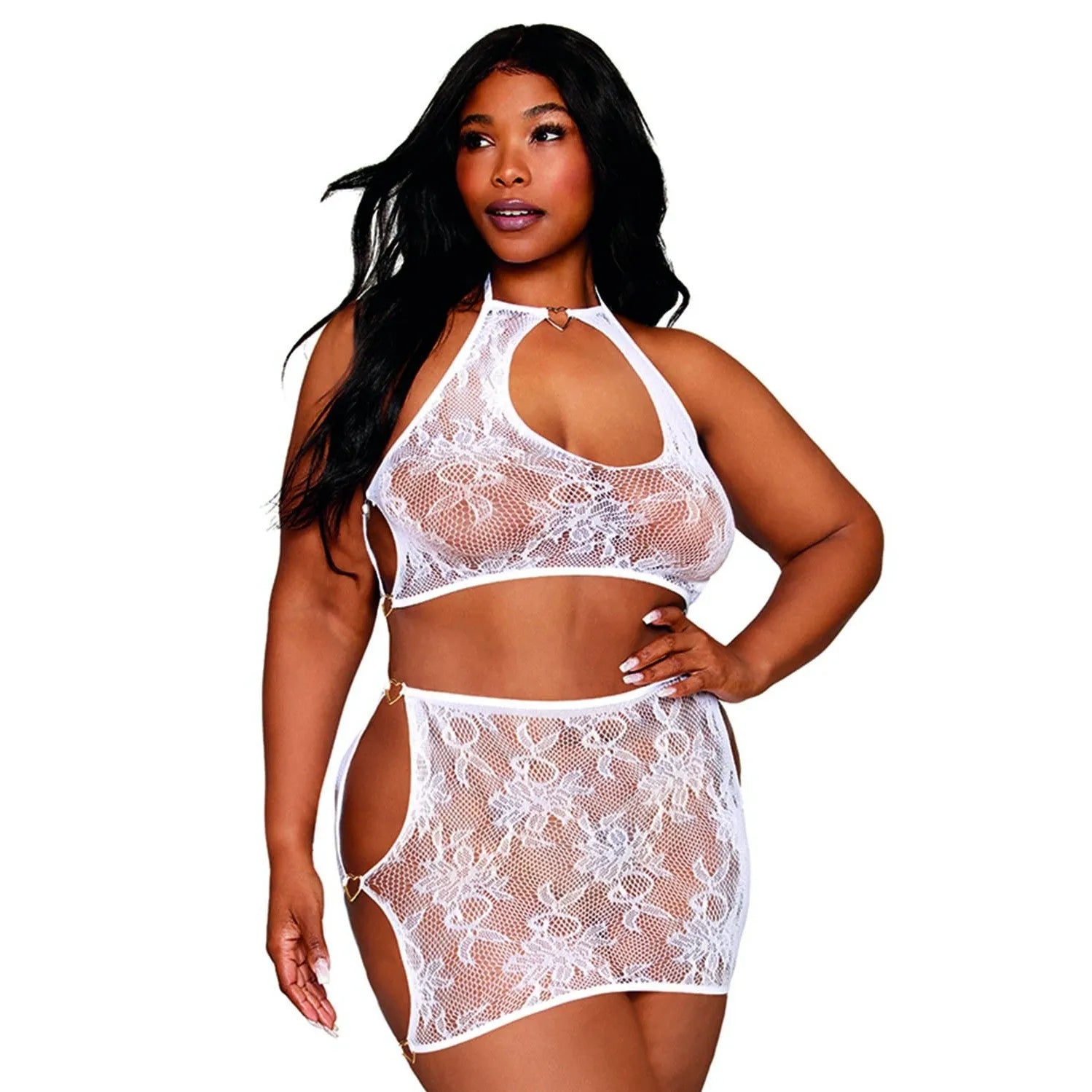 Ensemble Grande Taille Résille Florale Échancrée