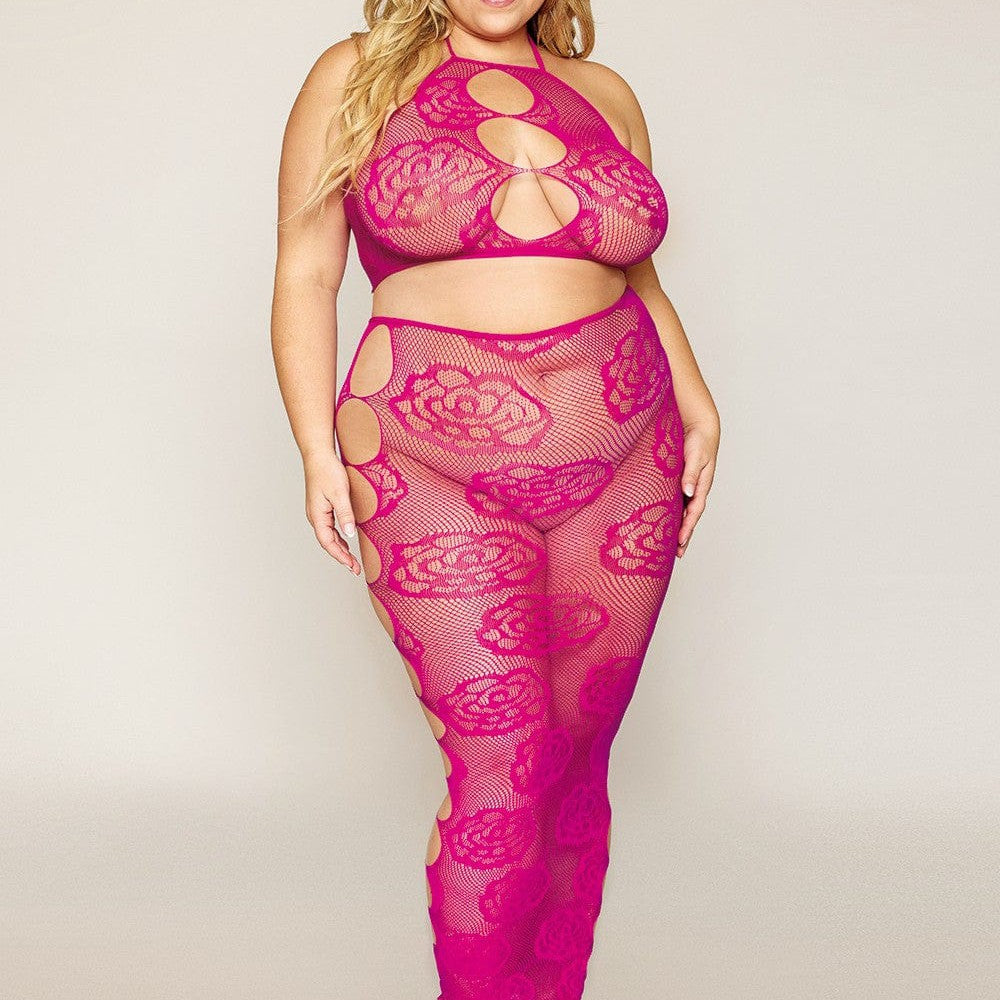 Ensemble Soutien-gorge et jupe longue en filet rose, grande taille - DG0485XBEE