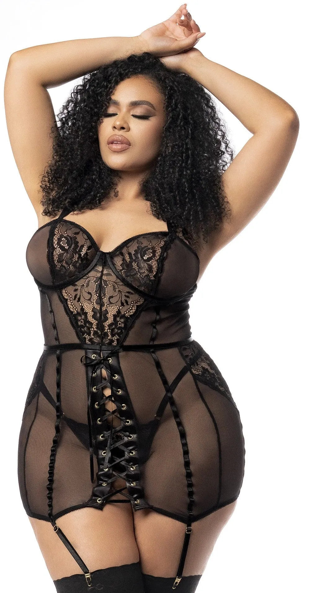 Guêpière Résille Noire Pour Femmes Rondes Avec Laçage Ajustable