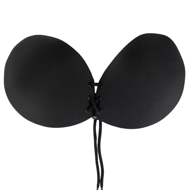 Soutien-gorge adhésif noir sans bretelles, coupelles lisses avec fermoir à nouer, idéal pour tenues dos nu.