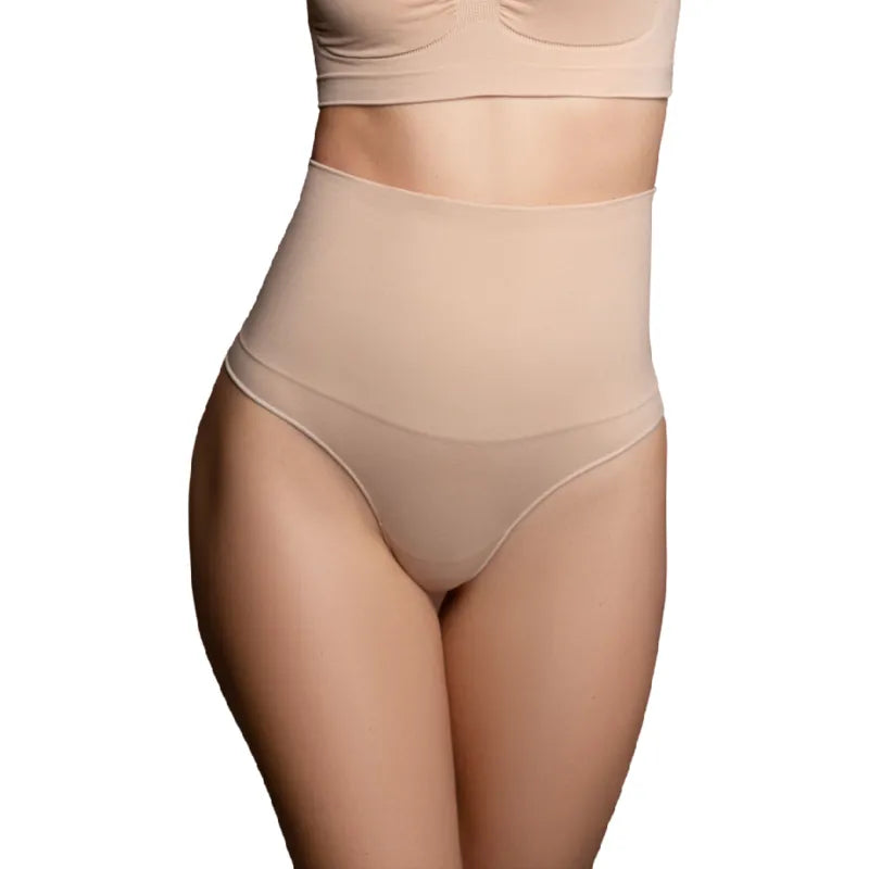 String taille haute beige, sans couture, façonnant et lissant, offrant un soutien central et un confort optimal.