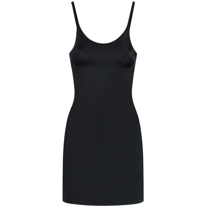 Robe invisible noire Bye Bra, microfibre élastique, bretelles fines réglables, ajustement cuisses, contrôle léger.