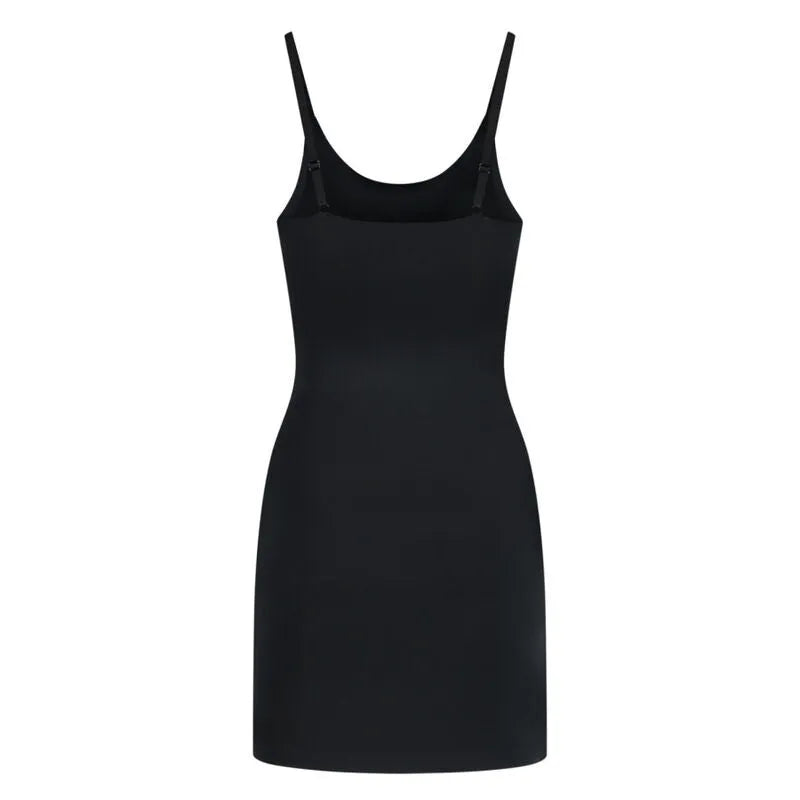 Robe invisible noire Bye Bra, microfibre élastique, bretelles réglables, ajustement parfait sous vêtements serrés.