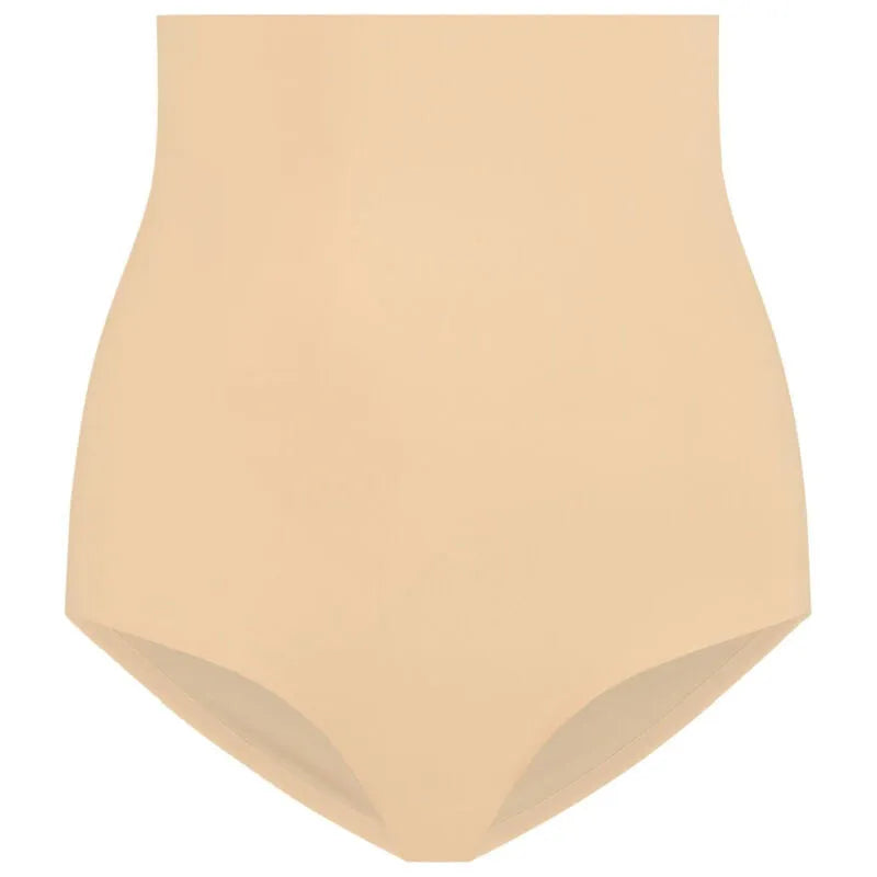 Culotte taille haute beige sans couture, douce et légère, idéale sous vêtements moulants, 80% polyamide, 20% élasthanne.