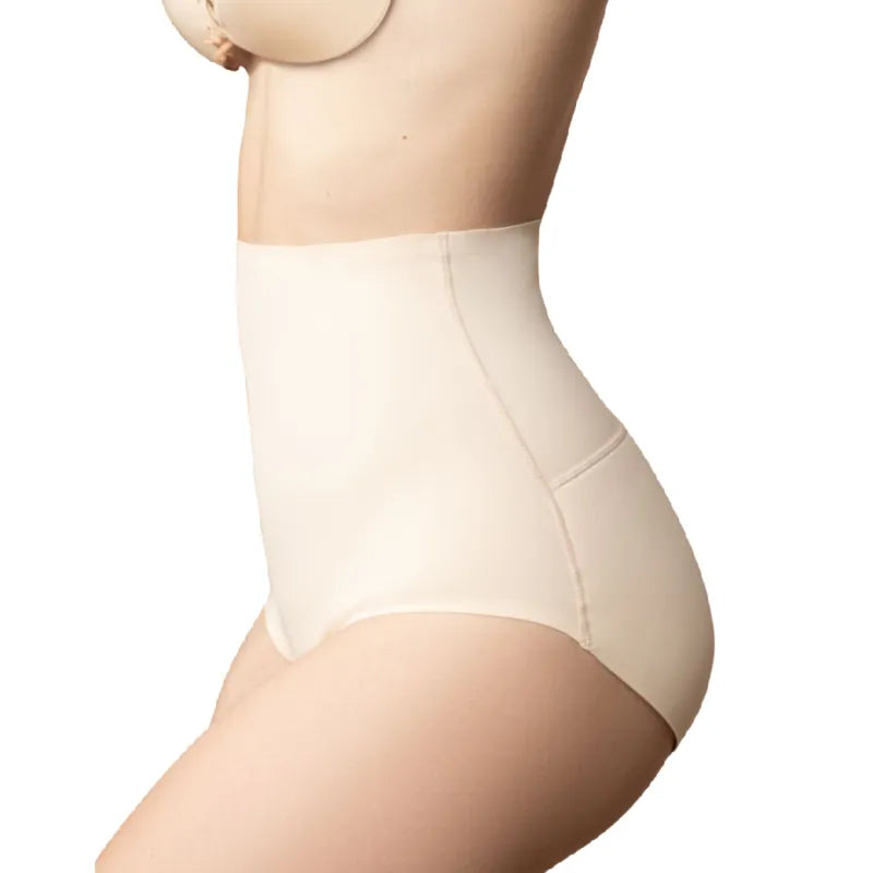 Culotte haute rembourrée beige Bye Bra, effet galbant et lissant, micro-tissu extensible, contrôle léger du ventre.