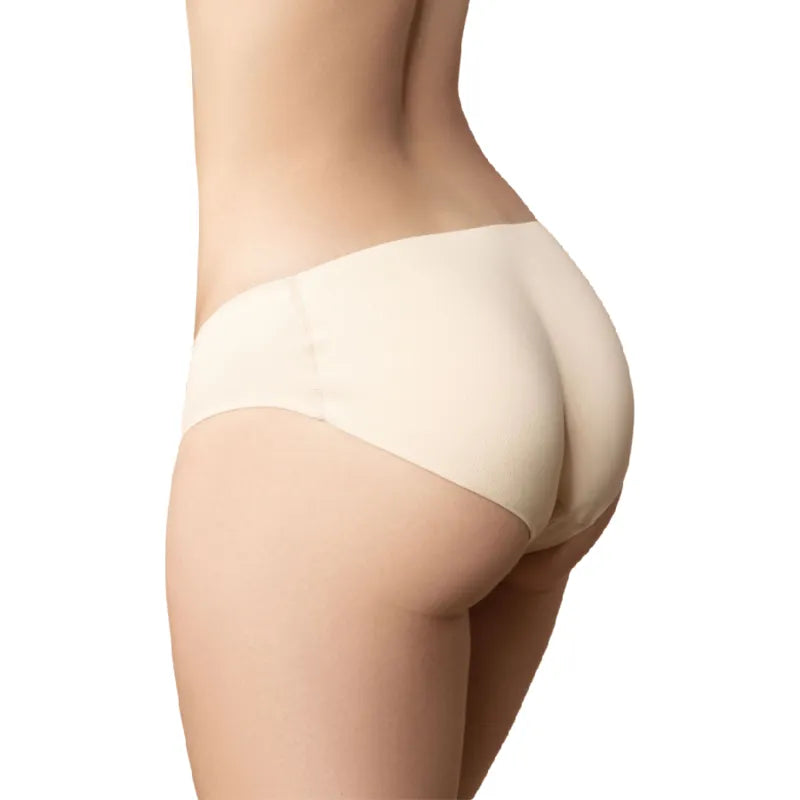 Culotte rembourrée beige taille basse, effet galbant et lissant, vue de dos, pour silhouette voluptueuse et courbée.