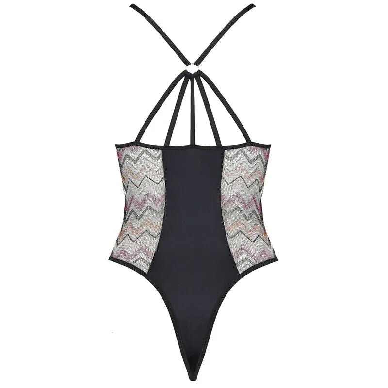 Teddy Lagerta noir avec motifs zigzag colorés, bretelles réglables, design élégant, matière élastique, haute lingerie.