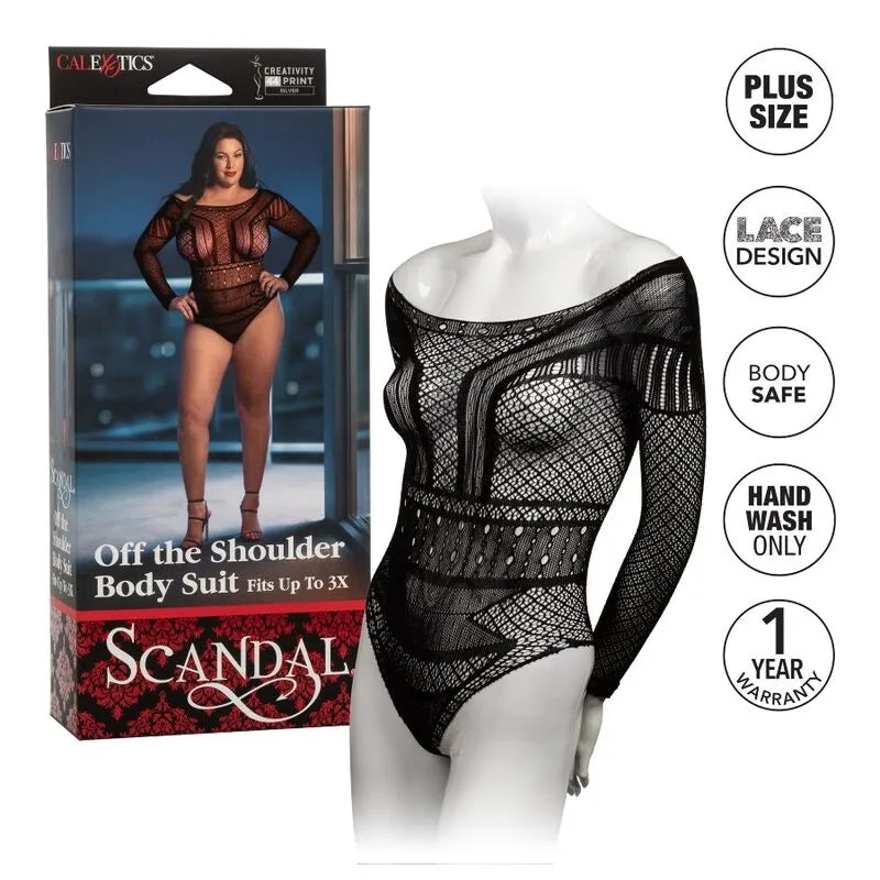 Body Scandal grande taille noir, épaules dénudées, dentelle sexy, ajustement jusqu'à 3X, design séduisant.