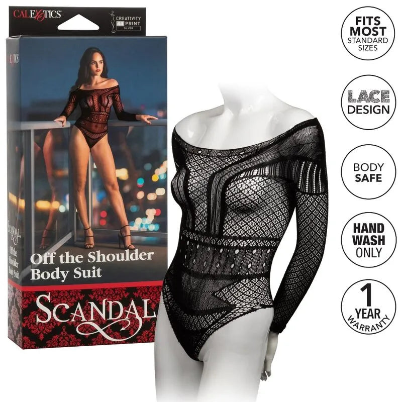 Body noir en maille respirante, épaules dénudées, design séduisant, parfait pour soirées passionnées et élégantes.