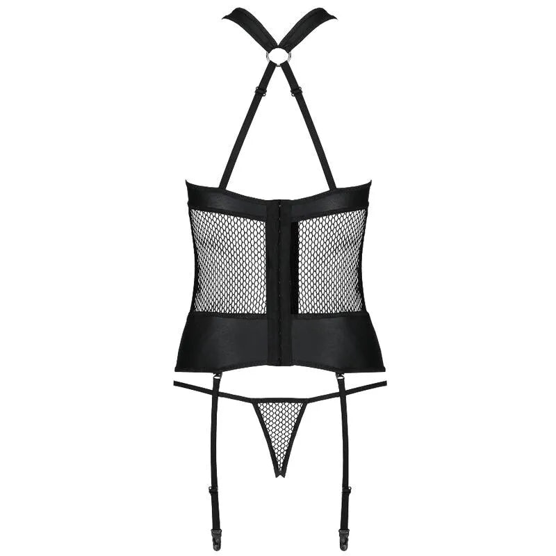 Corset noir en cuir écologique avec maille sensuelle, bretelles réglables dorées, pour femmes modernes.