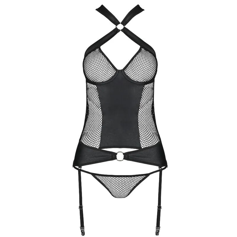 Corset Passion Amanda en cuir écologique noir, maille transparente, joints dorés, taille L/XL, style moderne et séduisant.