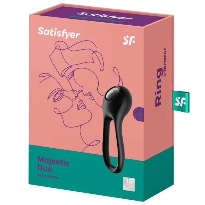 Anneau vibrant Satisfyer Majestic Duo noir, design ergonomique en silicone, dans son emballage rose et violet.