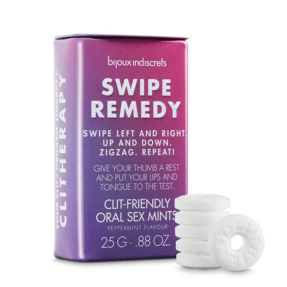 Bonbons mentholés Swipe Remedy pour sexe oral, emballage violet, texte blanc, 25g, plaisir intense et contrasté.