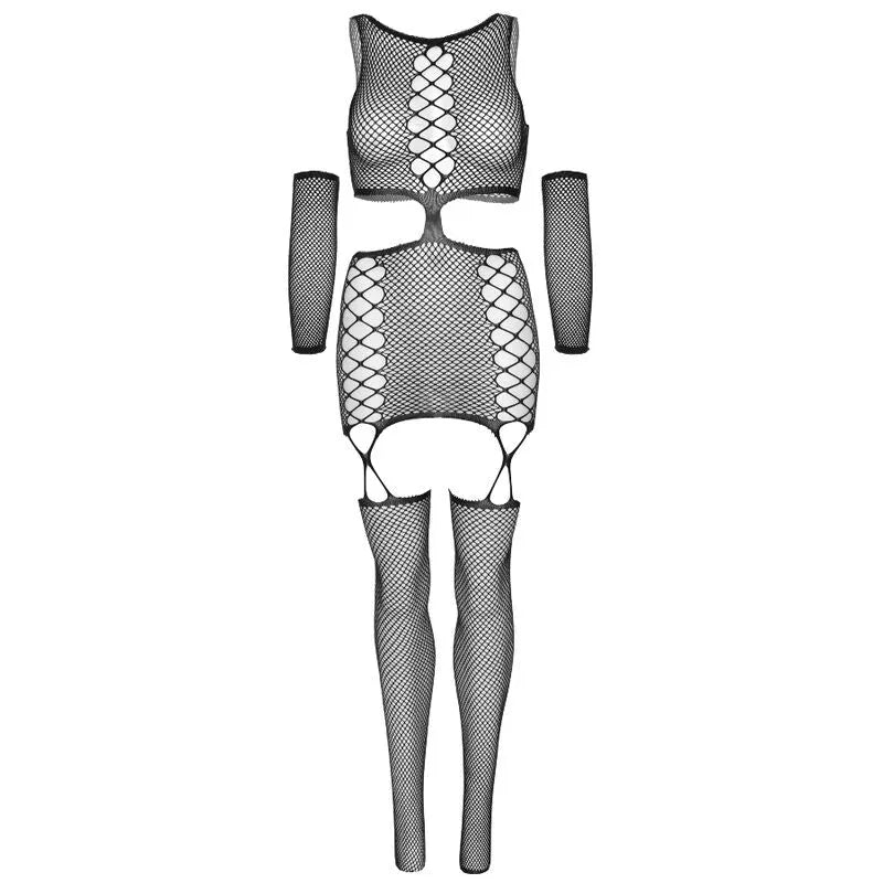 Robe porte-jarretelles faux lacets découpe filet bas gants Leg Avenue luxe