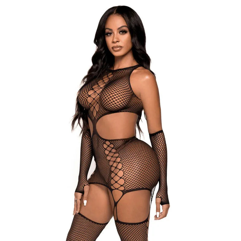 Robe porte-jarretelles faux lacets découpe filet bas gants Leg Avenue luxe
