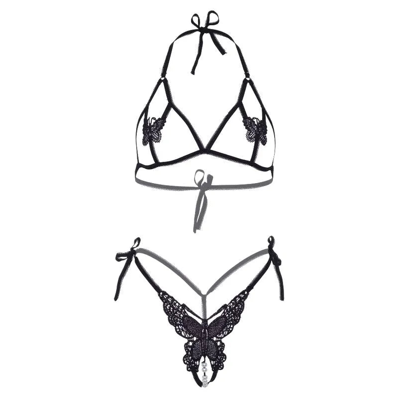 LEG AVENUE - ENSEMBLE DEUX PIÈCES SOUTIEN-GORGE ET CULOTTE PAPILLONS & PERLES - NOIR