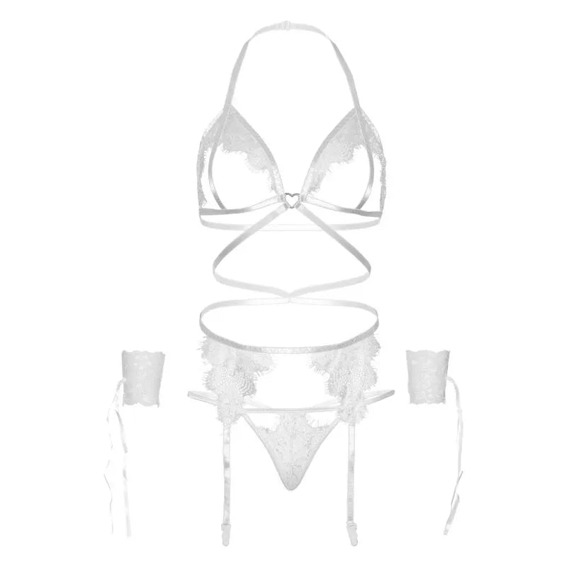 LEG AVENUE - ENSEMBLE QUATRE PIÈCES SOUTIEN-GORGE, STRING, PORTE-JARRETELLES ET POIGNETS - BLANC