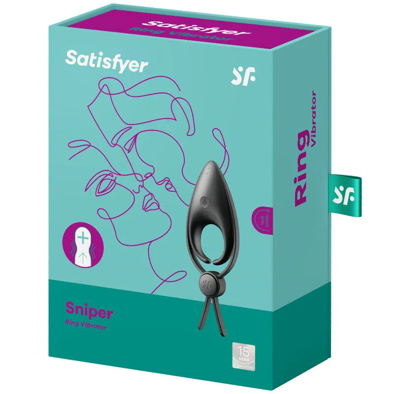 Anneau vibrant Satisfyer Sniper noir, silicone hypoallergénique, design ergonomique, emballage bleu et violet.