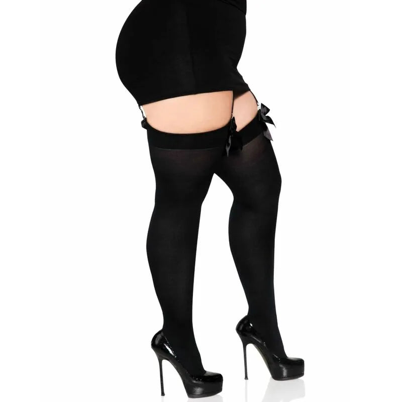LEG AVENUE - CUISSES HAUTES EN NYLON NOIR AVEC NOEUD NOIR GRANDE TAILLE