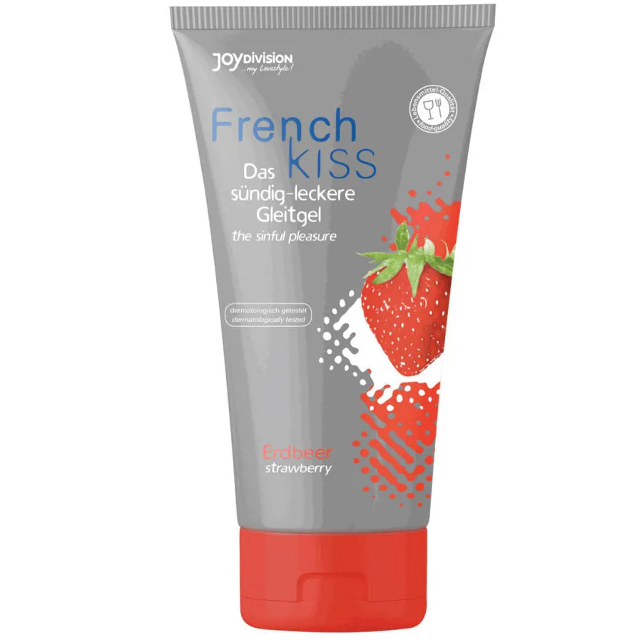 Gel lubrifiant oral à la fraise French Kiss de Joydivision - Sexe français - 75ml - Tube gris avec fraise rouge - Compatible préservatifs - Saveur exotique - Intimité accrue