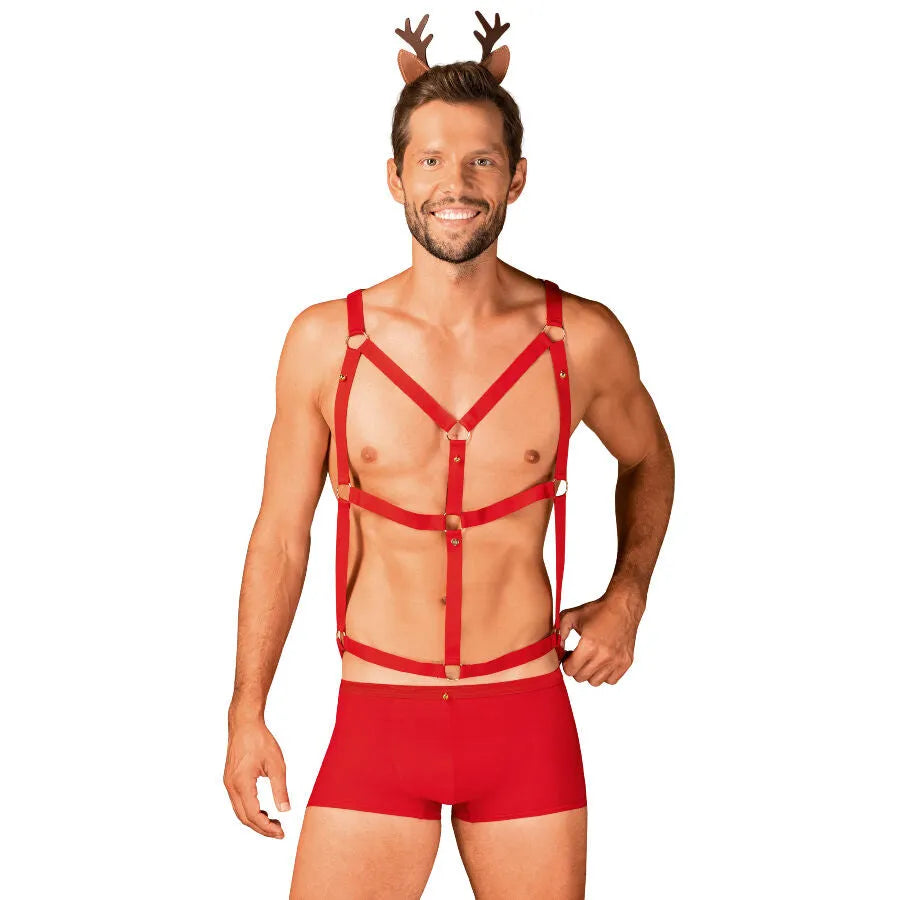 ensemble lingerie sexy rouge harnais réglable oreilles renne Obsessive